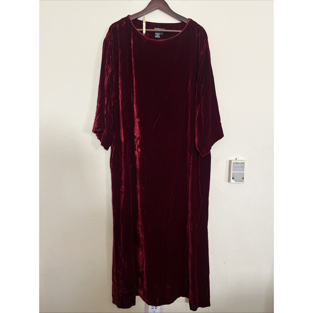J Peterman Co 3/4 Sleeve Red Velvet Silk Blend 3/4 Sleeve Midi Maxi Dress SZ L